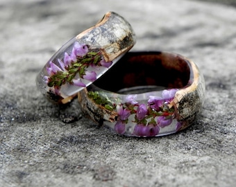 Winter wedding rings, Forest birch ring, Heather women ring, Wood holiday gift, Anniversary heather ring, Birch bark ring, nature flower