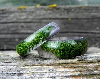 Mens forest ring, Moss wood resin ring, Bentwood gray ring, Nature  wooden wedding rings, Women wood gift, Terrarium jewelry,Plant wood ring