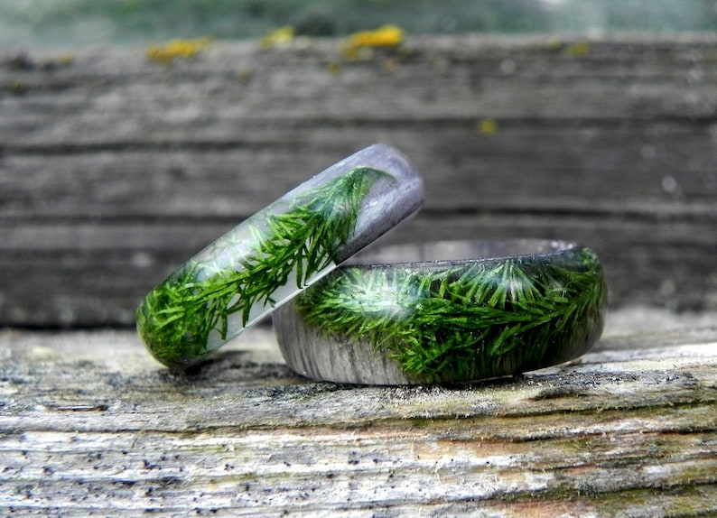 Mens Forest Ring Moss Wood Resin Ring Bentwood Gray Ring Etsy