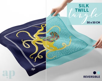 Luxe Reversible Wrapping Silk Scarf Furoshiki | To use for gift wrap, scarf, bento wrap, home decor | 50 x 50cm Tangle Print