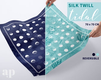Luxe Reversible Wrapping Silk Scarf Furoshiki | To use for gift wrap, scarf, bento wrap, home decor | 70 x 70cm Tidal Print