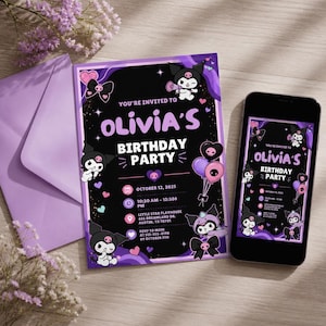 May include: A birthday party invitation with a black background and purple accents. The invitation features the text "Olivia's Birthday Party" and includes details like the date, time, and location. A smartphone displays the same invitation. Decorative elements include cartoon characters and balloons.
