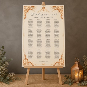 Wedding Seating Chart Table Order Ornate Classical Rose Gold Ivory Large Poster Editable Canva Template Digital Download Printable