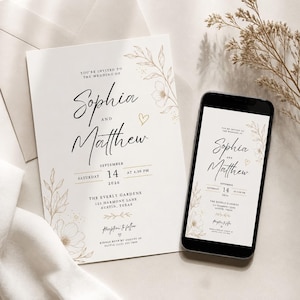 Wedding Invitation for Couples Minimalist Botanical Floral Editable Canva Template Printable Digital Download