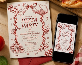 May include: A cream-colored pizza party invitation with red illustrations and text. The invitation includes the text "You're Invited to a Pizza Party" and details for a birthday celebration. A smartphone displays the same invitation.