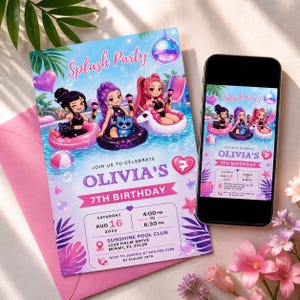 Puede incluir: Una invitación de fiesta de cumpleaños con el tema 'Splash Party'. La invitación presenta ilustraciones de chicas en flotadores de piscina, una bola de discoteca y el texto '7º Cumpleaños de Olivia'. Un smartphone muestra la misma invitación.
