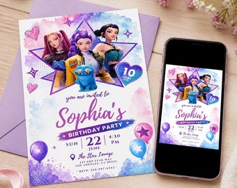 May include: A birthday party invitation featuring a colorful design with animated characters, a blue cat figurine, and the text "Sophia's Birthday Party." The invitation includes the date, time, and location, along with a phone number for RSVP.