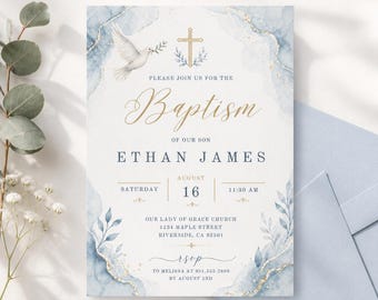 Invitación de bautizo para niño con diseño floral en acuarela y palomas. Plantilla editable de Canva para descarga digital e imprimible.