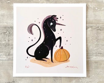 8 x 8 print pumpkin unicorn , unicorn art print, fantasy illustration, pumpkin art,