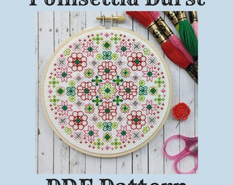 Poinsettia Burst Instant Download PDF Blackwork Embroidery Pattern