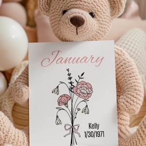 Tarjetas de felicitación personalizadas, tarjeta de cumpleaños con flores de nacimiento, nombre y fecha personalizados, interior en blanco, tarjetas florales para mujeres, cumpleaños personalizables