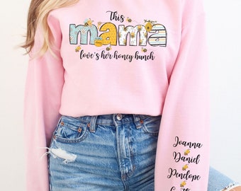 Personalisiertes Bumble Bee Mama Sweatshirt mit Kindernamen auf dem Ärmel - individuelles Familiengeschenk für Mama, Oma, Stiefmutter, Pflege- oder Adoptiveltern