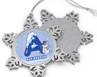 Zinn Schneeflocke Ornament, Weihnachtsbaum Dekoration, personalisierte Winter Ornament, Weihnachtsgeschenk, Benutzerdefinierte Name Schneemann Dekor, Alphabet Buchstabe