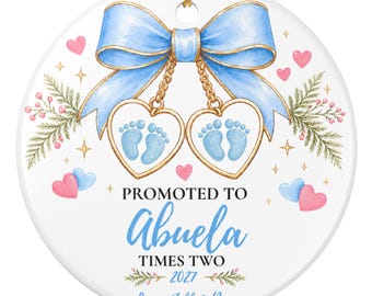 Weihnachtsschmuck „Befördert zur Zwillingsoma“, personalisiertes Geschenk zur Ankündigung der Zwillingsschwangerschaft, personalisiertes Weihnachtsgeschenk mit Spitznamen für Großeltern