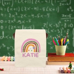 Sac à lunch en toile arc-en-ciel personnalisé, sac à lunch personnalisé pour enfants, sac fourre-tout personnalisé pour les enfants, sac à lunch personnalisé pour les filles, sac en toile
