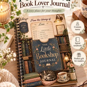 May include: A spiral-bound journal titled The Little Bookshop Journal featuring a library illustration with a sleeping cat, a tea cup, and a book checkout card. The cover text reads Personalized Book Lover Journal and A cozy place for your thoughts, with circular icons highlighting custom name, spiral notebook, and gift features.