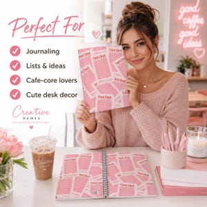 May include: A spiral-bound notebook featuring a repeating pink guest check pattern on the cover and interior pages. The notebook is displayed alongside a clear plastic cup with a straw, a pen holder with pink pens, and a white candle on a desk.