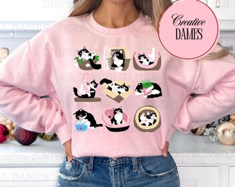 Katzenliebhaber Sweatshirt, süße Schwarz und Weiß Tuxedo Katze Rundhalsausschnitt, lustige Katzenbesitzer Geschenk, Kitty Mom, Crazy Cat Lady Shirt