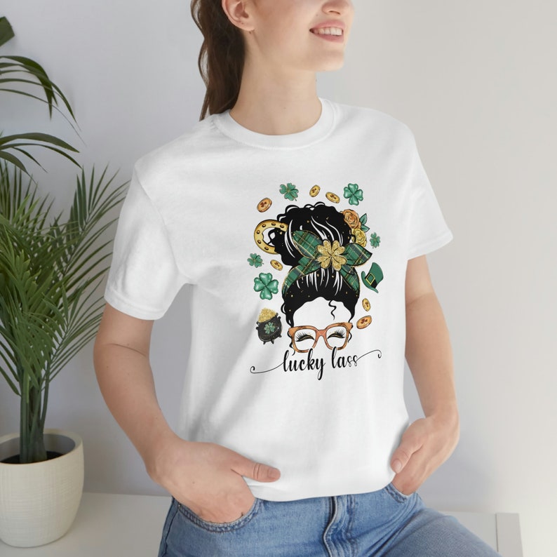 Lucky Lass Messy Bun Girl, Irish Teacher, St Patricks Day Tee, Lucky Mama gift, Shamrock Mom image 5