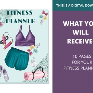 Puede incluir: Una descarga digital para un planificador de fitness con un sujetador deportivo morado, pantalones cortos de color turquesa, una esterilla de yoga rosa, una cuerda para saltar y auriculares blancos. El texto "FITNESS PLANNER" está en la parte superior de la imagen. El texto "THIS IS A DIGITAL DOWNLOAD" está en la parte superior derecha de la imagen. El texto "WHAT YOU WILL RECEIVE: 10 PAGES FOR YOUR FITNESS PLANNING" está en la parte inferior derecha de la imagen.