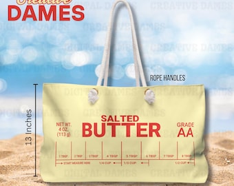 Yellow Salted Butter Weekender Bag Trendy Buttercore Tote for Beach Travel, Funny Grocerycore Weekend Duffel, Baker Luggage Foodie gift