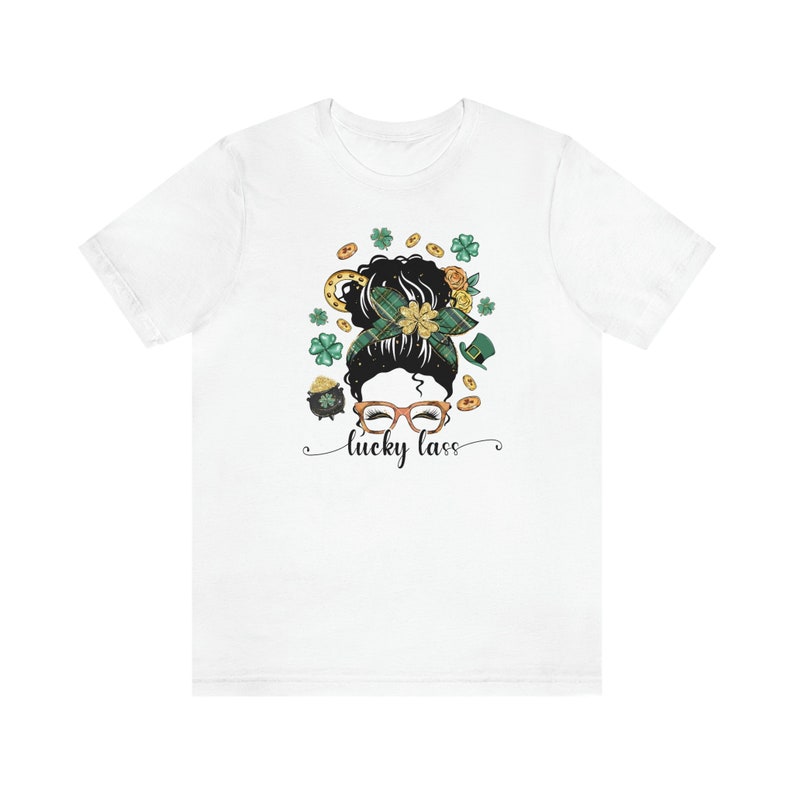 Lucky Lass Messy Bun Girl, Irish Teacher, St Patricks Day Tee, Lucky Mama gift, Shamrock Mom image 2