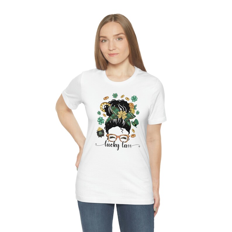 Lucky Lass Messy Bun Girl, Irish Teacher, St Patricks Day Tee, Lucky Mama gift, Shamrock Mom image 4