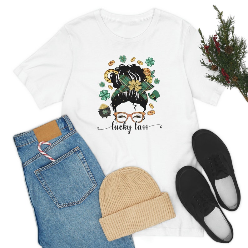Lucky Lass Messy Bun Girl, Irish Teacher, St Patricks Day Tee, Lucky Mama gift, Shamrock Mom image 6