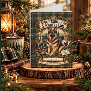 May include: A spiral-bound notebook with a dark green plaid cover featuring a German Shepherd illustration, the text "NEIGHBORHOOD SECURITY LOG", "Head of Security: WILLOW", "UNDER OBSERVATION", and "Suspicious Activity Includes the Mailman."