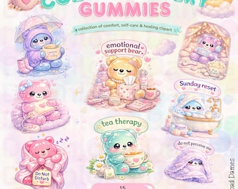 May include: A digital collection of cute bear illustrations titled Cozy Recovery Gummies, featuring various scenes of bears with items like tea, tissues, and blankets, with text including Emotional Support Bear, Tea Therapy, and Sunday Reset.