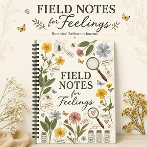 May include: A spiral-bound journal titled Field Notes for Feelings: Botanical Reflection Journal. The cover features illustrations of yellow and pink flowers, butterflies, bees, magnifying glasses, and small jars labeled hope, worry, joy, and reset.