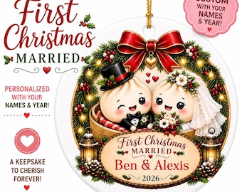 Niedlicher Weihnachtsschmuck mit gedämpften Teigtaschen, Dim-Sum-Keramikornament | Personalisierte Erinnerungsfigur mit Namen des Brautpaares