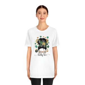 Lucky Lass Messy Bun Girl, Irish Teacher, St Patricks Day Tee, Lucky Mama gift, Shamrock Mom image 3