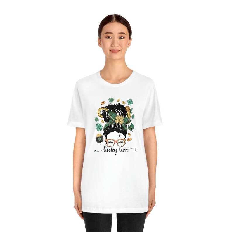 Lucky Lass Messy Bun Girl, Irish Teacher, St Patricks Day Tee, Lucky Mama gift, Shamrock Mom image 3