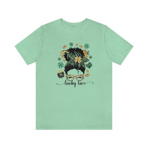 Lucky Lass Messy Bun Girl, Irish Teacher, St Patricks Day Tee, Lucky Mama gift, Shamrock Mom image 8