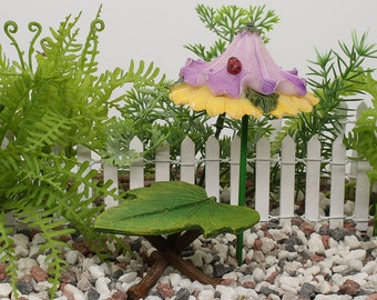 Leaf Table With Flower Umbrella, Two Piece Set, Miniature Fairy Table And Umbrella,  Fairy Garden Accessory, The Fairy Garden UK