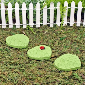 Leaf Shaped Stepping Stones, Miniature Stepping Stone for Fairy Garden, Set of Three Stones With Tiny Ladybird,  The Fairy Garden UK