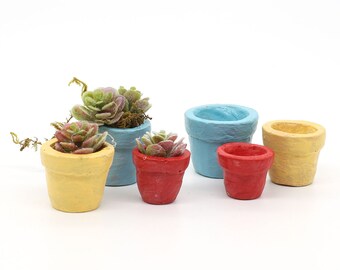 Set of Three Colourful Plant Pots With Artificial Succulent Plants, Miniature Planter with Succulents, Doll House, The Fairy Garden UK