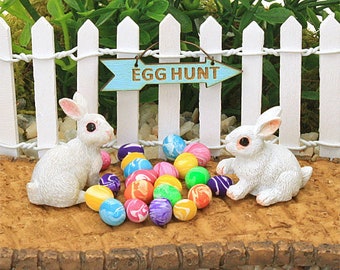 White Easter Bunnies, Multicoloured Easter Eggs, White Fence And Pathway, Easter Egg Hunt Sign, Miniature Easter Collection, Fairy Garden