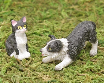Play Time, Sheep Dog And Cat, Miniature Dog and Cat, Fairy Pet, Fairy Garden Miniature Animals, Dog and Cat Playing, The Fairy Garden UK