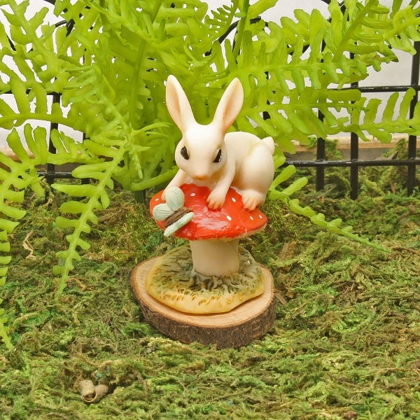 Miniature Bunny on Red Toadstool  with Tiny Butterfly, Easter Bunnies, Fairy Bunnies, The Fairy Garden, UK Fairy Garden