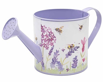 Lavender And Bee Watering Can Planter, Metal Watering Can Planter With Lavender Flowrs And Buzzing Bees, The Fairy Garden UK