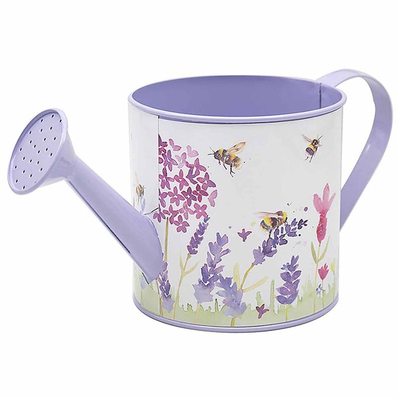 Lavender And Bee Watering Can Planter, Metal Watering Can Planter With Lavender Flowrs And Buzzing Bees, The Fairy Garden UK image 1