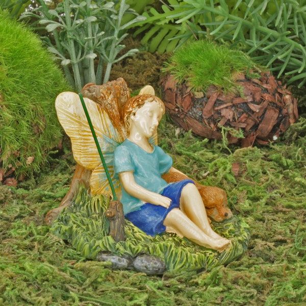 Time For A Nap, Fishing Boy Fairy And Pet Dog, The Fisherman Fairy, Miniature Boy Fairy Figure, Fairy Garden Accessory, The Fairy Garden UK