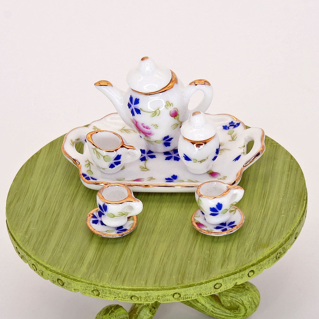 Lilac and Blue Flower China Tea Set, Miniature Fairy Garden Tea Set