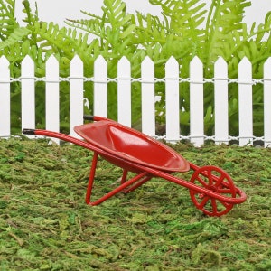 Kleine rode kruiwagen, miniatuur sprookjestuinkruiwagen, poppenhuiskruiwagen, sprookjeskruiwagen, sprookjestuin VK