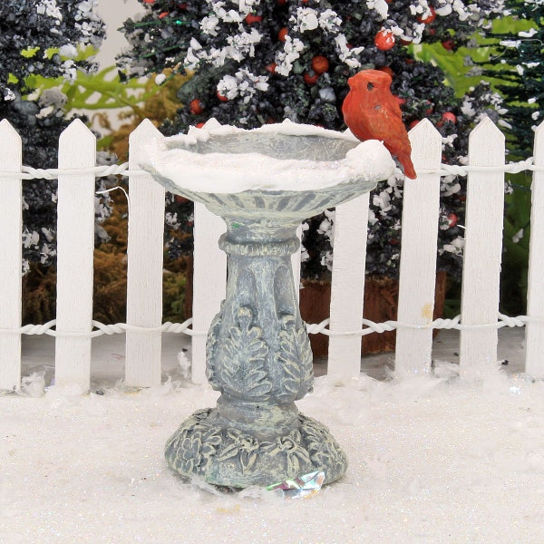 Stone Bird Bath with Red Bird And Snow, Fairy Garden Bird Bath with Red Cardinal, Christmas Fairy Garden Accessory,  The Fairy Garden UK