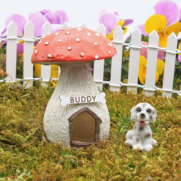 Niche champignon, niche pour chien miniature avec enseigne personnalisée, niche pour chien, accessoire de jardin féerique, The Fairy Garden Royaume-Uni