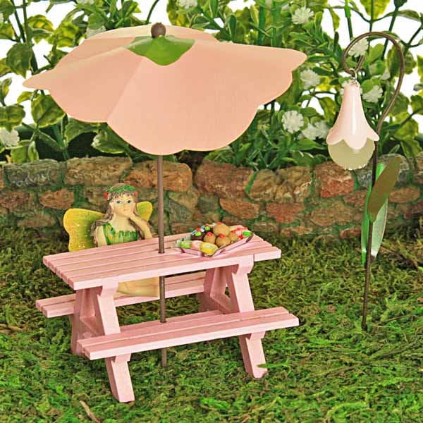 Pink Picnic Bench Collection - Pink Sun Umbrella - Glow In The Dark Flower Lantern - Fairy - Tray of Goodies -  Fairy Garden Accessory -