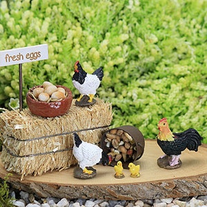 Chicken & Free Range Egg Set, Cockerel, Chicks, Hay Bale, Basket of Eggs, Farm Animal, Fairy Garden Accessory, Miniature Garden, Farm Yard